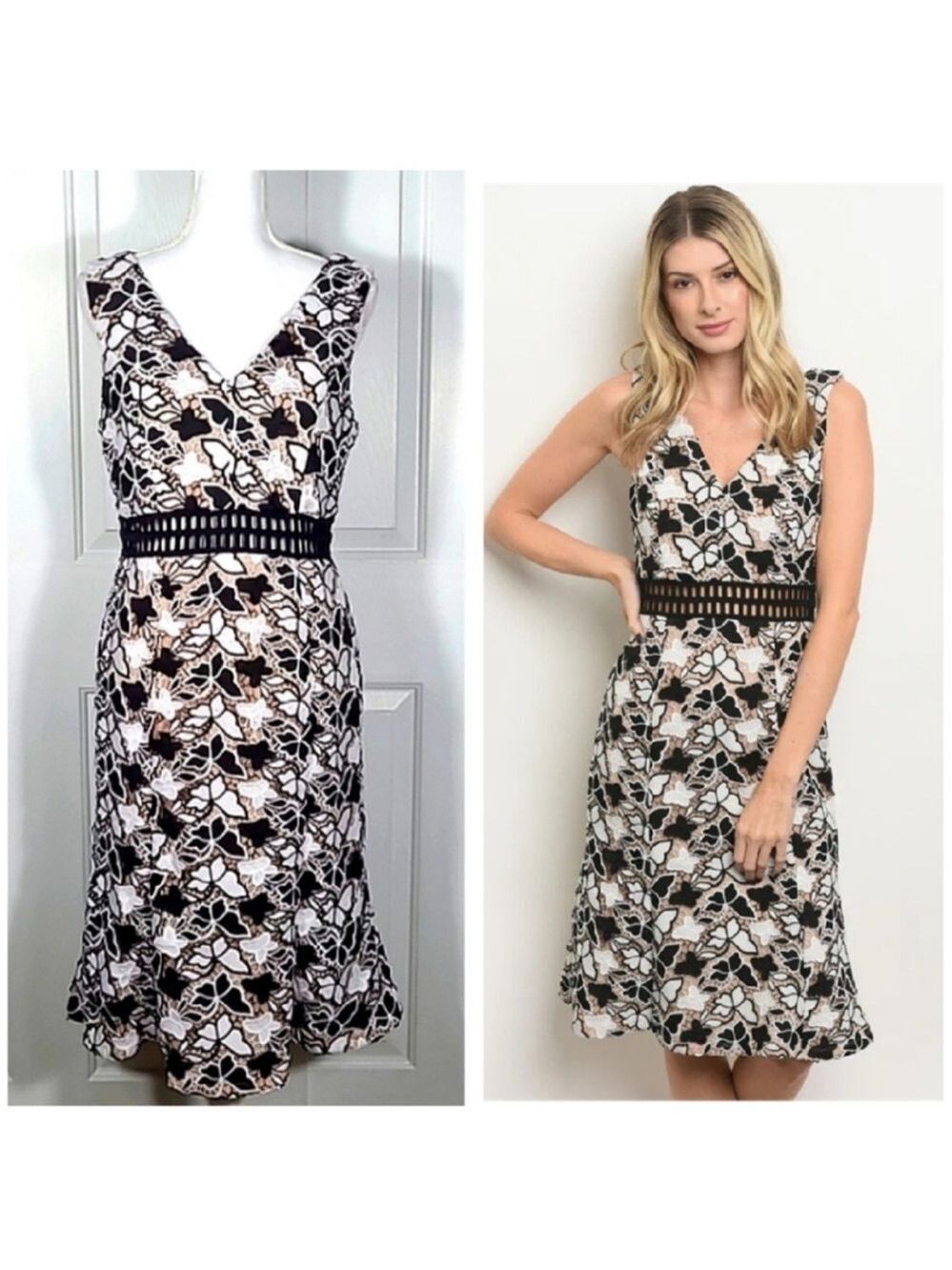 New Nikibiki Beige Sleeveless Midi Dress Black & White Lace Overlay Size Large